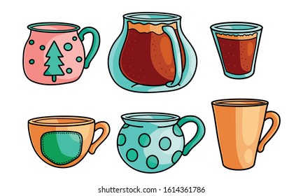 Set of coffee in pastel colored cups mugs vector illustration