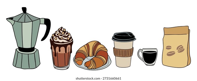 Set of a coffee and pastry lineup featuring a moka pot, milkshake, croissant, takeaway cup, glass mug, and coffee bag. Minimal hand-drawn vector illustration isolated on white background.