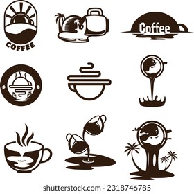 Set of Coffee place silhouette logos. Pouring coffee. Retro symbol collection hot beverage. Tropical style of vector design. Best used by cafe shop or coffee manufacturer. Coffee logo ideas.