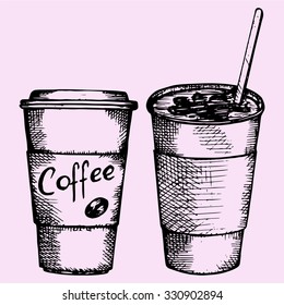 set coffee in plastic, disposable cup, doodle style, sketch illustration