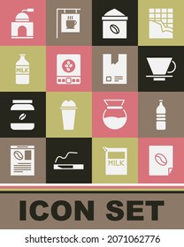 Set Coffee poster, Bottle water, V60 coffee maker, Bag beans, Electronic scales, with milk, Manual grinder and  icon. Vector