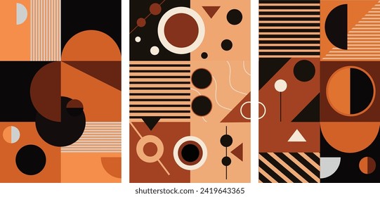 Set von Kaffeeplakaten Design. Vorlage für Poster, Karte, Banner, Flyer. Geometrisches abstraktes Muster in Kaffeetönen. Vektorgrafik, Design-Elemente.
