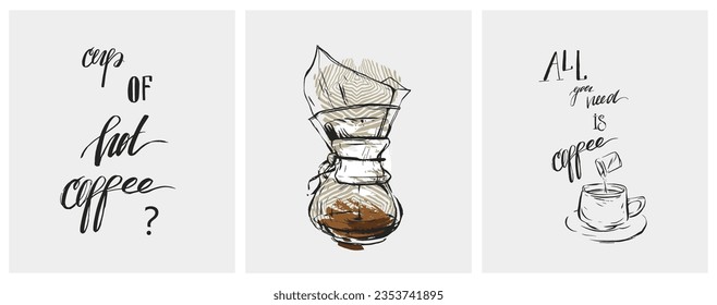 Set of coffee posters,calligraphy,quotes,with sketch coffee illustrations.Trending vector ink sketch drawing illustration set for coffee shop and restaurant menu.Hand drawn coffee shop design concept.