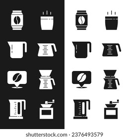Set Coffee pot, Bag coffee beans, cup, Location with, Pour over maker, Manual grinder and Electric kettle icon. Vector