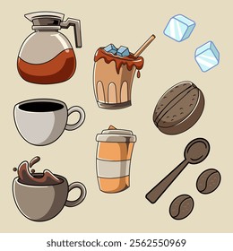 Set of Coffee Pot, Coffee Bean, and Coffee Cup Cartoon Character in Retro 70s Illustration