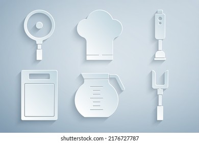 Set Coffee pot, Blender, Cutting board, Barbecue fork, Chef hat and Frying pan icon. Vector