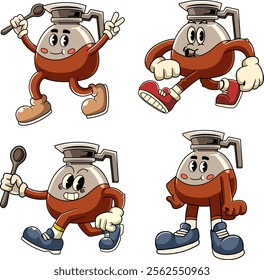 Set of Coffee Pot Cartoon Character in Retro 70s Illustration