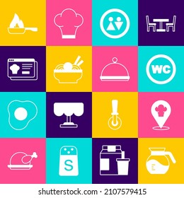 Set Coffee pot, Chef hat with location, Toilet, Asian noodles in bowl, Online ordering and delivery, Frying pan and Covered tray icon. Vector