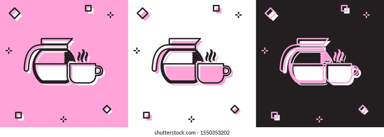 Set Coffee pot with cup icon isolated on pink and white, black background.  Vector Illustration