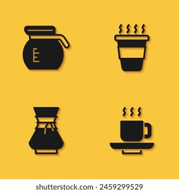 Set Coffee pot, cup, Pour over coffee maker and to go icon with long shadow. Vector