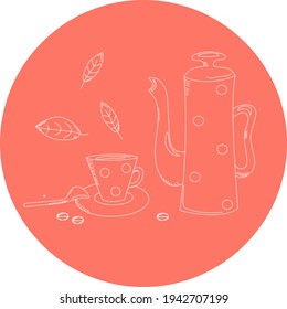 Set of coffee, coffee pot, cup in a red circle. Vector graphics in the style of doodle, isolated background.