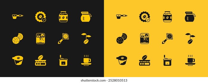 Set Coffee pot, Electronic coffee scales, filter holder, Manual grinder, machine, jar bottle,  and Medal for icon. Vector