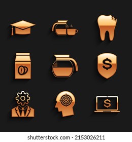 Set Coffee pot, Head hunting concept, Laptop with dollar, Shield and, gear inside and beans bag icon. Vector
