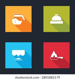 Set Coffee pot, Hotel service bell, Wooden table and Frying pan icon. Vector