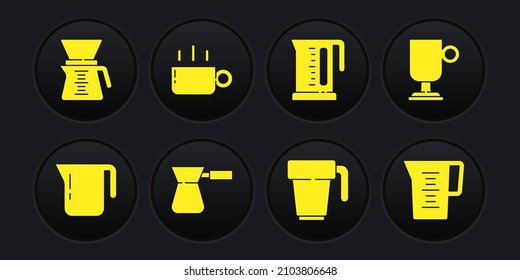 Set Coffee pot, Irish coffee, turk, cup, Electric kettle, Jug glass with water and Pour over maker icon. Vector