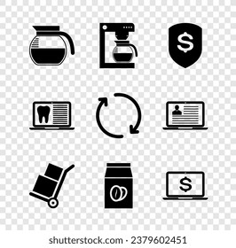Ponga la cafetera, la máquina con, Escudo y dólar, cajas para camiones de mano, bolsa de frijoles e icono de portátil. Vector