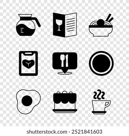 Set Coffee pot, Restaurant cafe menu, Asian noodles in bowl, Scrambled eggs, Cake, cup,  and Cafe and restaurant location icon. Vector