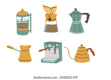 Cafetería y máquina aisladas, cafetera. Equipo de elaboración de café con dibujos animados. 