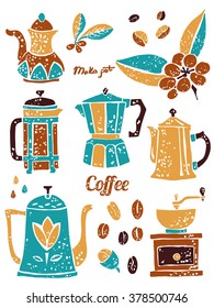 Set of coffee pots in naive lino style