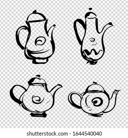 Set of coffee pots and teapots of different shapes and sizes painted with brush in thick paint strokes isolated on imitation transparent background
