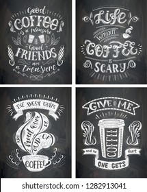 Set of Coffee quotes on the chalkboard. Vector hand-drawn lettering . Decoration for restaurant and bar. Calligraphic and typographic design.