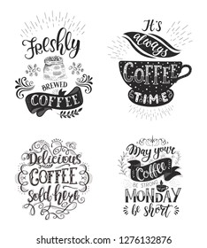 Set of Coffee quotes . Vector hand-drawn lettering . Decoration for restaurant and bar. Calligraphic and typographic design. Coffee plant.