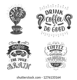 Set of Coffee quotes . Vector hand-drawn lettering . Decoration for restaurant and bar. Calligraphic and typographic design. 