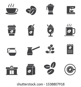 Set of coffee related icon with simple black design isolated on white background