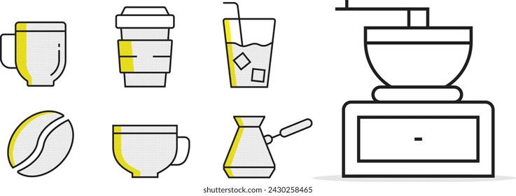 A set of coffee related icons illustrations such as coffee, iced coffee, americano, juice, ice cream and turkish coffee 