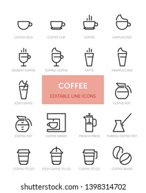 Set of Coffee related vector line icons with editable stroke. Contains icons such as Cup, Latte, Coffee Maker, Coffee to Go and more.