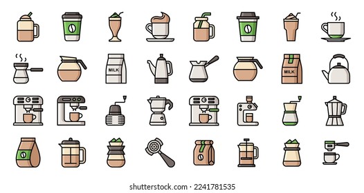 Conjunto de iconos de línea de vectores relacionados con el café. Contiene iconos como Cezve, Coffee Maker Machine, Beans y más. Iconos de Barista. paquete de iconos de café. Conjunto de iconos vectoriales baristas para el diseño web