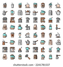 Set of Coffee Related Vector Line Icons. Contains such Icons as Cezve, Coffee Maker Machine, Beans and more. Barista icons set. coffee icon pack. Set of barista vector icons for web design