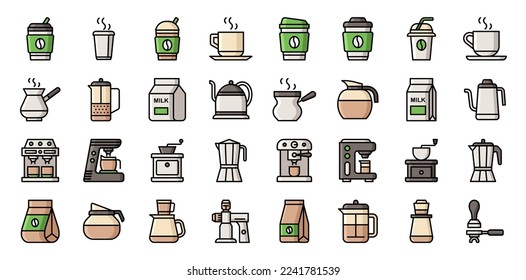 Set of Coffee Related Vector Line Icons. Contains such Icons as Cezve, Coffee Maker Machine, Beans and more. Barista icons set. coffee icon pack. Set of barista vector icons for web design