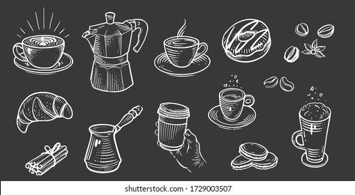 Set of coffee in retro style drawing with chalk on chalkboard background.