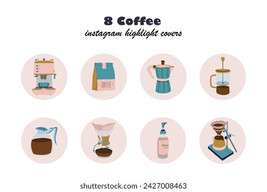 Set of coffee round icons. Coffee drinks, coffee pot, package, grinder, filter, french press, machine and other. Highlights coffee collection. Hand drawn vector illustration