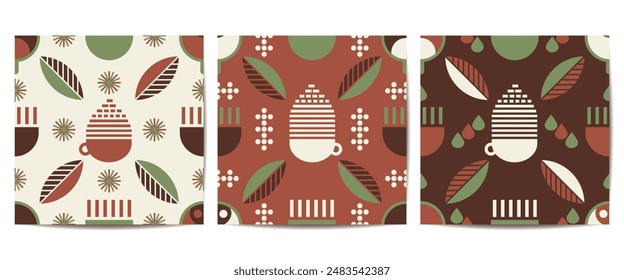Set of Coffee Seamless Pattern in minimalistic style, Bauhaus geometric background, decorative print with abstract shapes for coffee shop, cafe, food