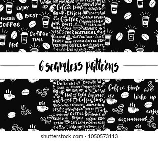 Set of coffee seamless patterns. Hand drawn illustration with hand lettering. Great for cafe, bars, wallpaper, wrapping paper.