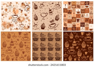 Set of coffee seamless patterns. Restaurant menu.  Seamless background good for  banner, digital paper, wallpaper, fabric design, wrapping paper, website wallpapers, textile, apparel. Food and drink 