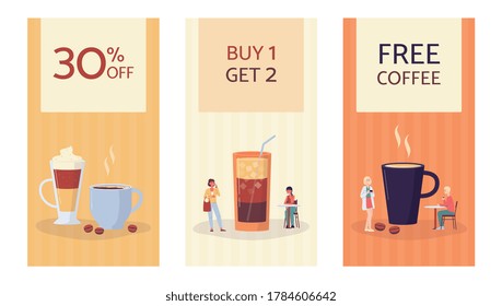 Set of coffee shop banners and sale flyers with tiny people characters among cups of coffee based drinks, flat vector illustration. Mockups for coffee shop promotion.