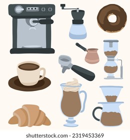 Juego de Cafetería y Café Objetos Ilustración Cuta Mano Dibujada