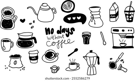 Set of coffee shop elements doodle hand drawn outline sticker black white