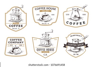 Set of coffee shop emblems, badges and logo isolated on white background. Manual coffee grinder and cup of coffee vector illustration.