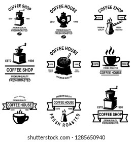 Set of coffee shop emblems. Design elements for logo, label, sign, badge. Vector illustration