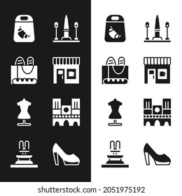 Set Coffee shop, French baguette bread, Croissant package, Place De La Concorde, Mannequin, Notre Dame, Woman shoe and Fountain icon. Vector