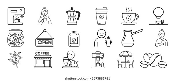 The set of coffee shop icons has a stylish and minimalist design. It offers customizable coffee icons with line art.