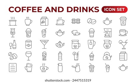 Set of coffee shop Icons. Simple line art style icons pack. Vector illustration.Coffee icons. Beans, hot cocktail and maker machine. Espresso cup, cappuccino with whipped cream Latte vending machine.