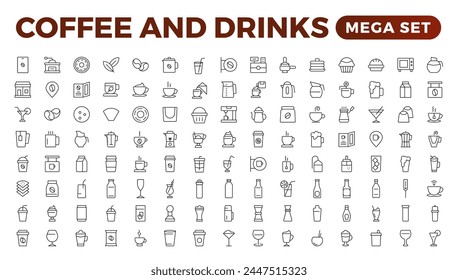 Set of coffee shop Icons. Simple line art style icons pack. Vector illustration.Coffee icons. Beans, hot cocktail and maker machine. Espresso cup, cappuccino with whipped cream Latte vending machine.