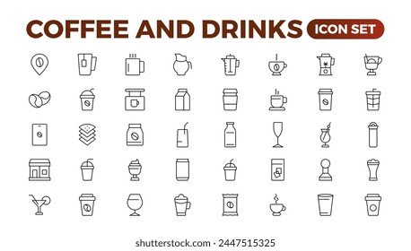 Set of coffee shop Icons. Simple line art style icons pack. Vector illustration.Coffee icons. Beans, hot cocktail and maker machine. Espresso cup, cappuccino with whipped cream Latte vending machine.