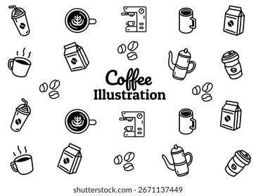 A set of coffee shop illustration pattern with white background, food packaging, menu illustration hand drawn print ads, coffee business, coffee shop