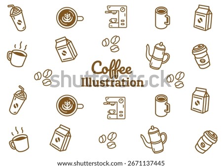 A set of coffee shop illustration pattern with brown outline and white background, food packaging, menu illustration hand drawn print ads, coffee business, coffee shop